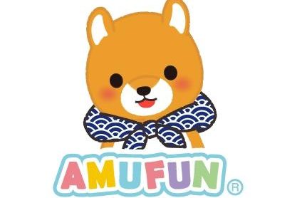 Amufun Logo Orange cartoon shiba wearing a blue patterned scarf with "AMUFUN" text below.