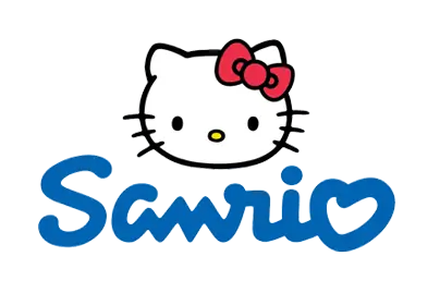 Sanrio Logo Sanrio logo featuring hello kitty and the word "Sanrio" in blue.